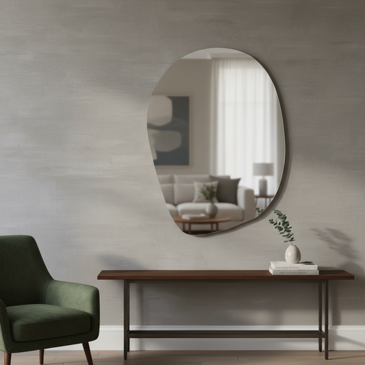 Espejo sin marco, con forma artística, dentro de una sala.