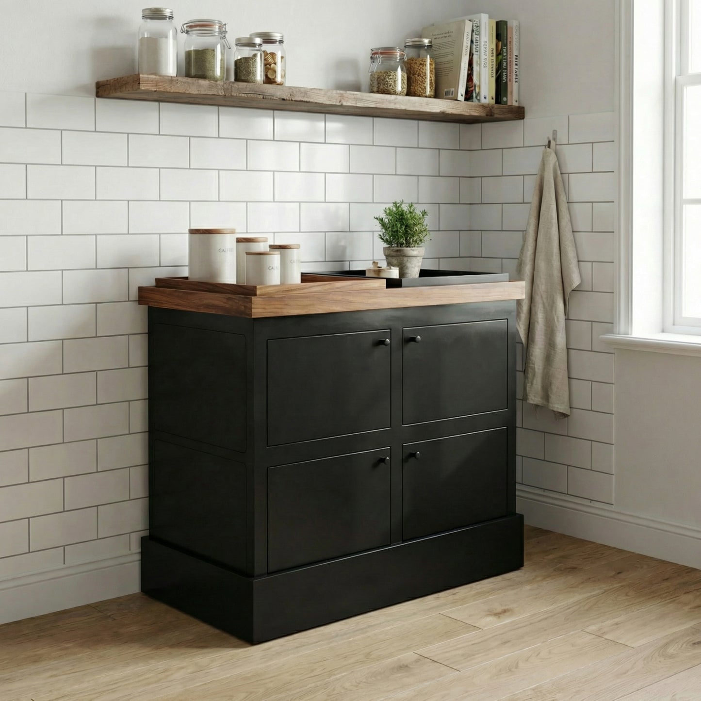 Mueble de cocina en un ambiente dentro de una cocina, viendo su funcionamiento.