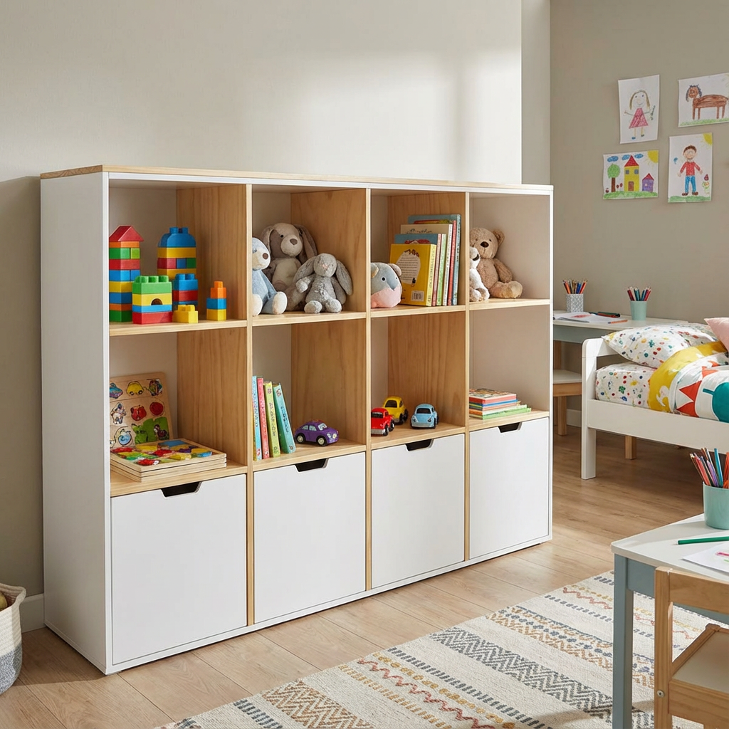 Juguetero, muestra lateral de este mueble ideal para colocar en la habitación de tu hijo.
