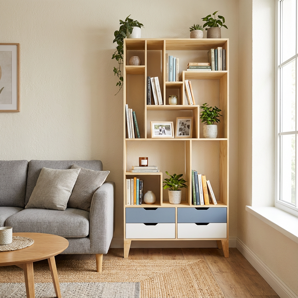Librero Berlínn muestra dentro de una sala, en cada espacio contienen accesorios, para ver su fucionamiento.