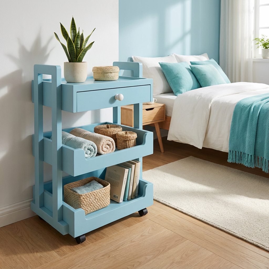 Mesa Auxiliar Bari, mostrando el funcionamiento del mueble, dentro una recámara.