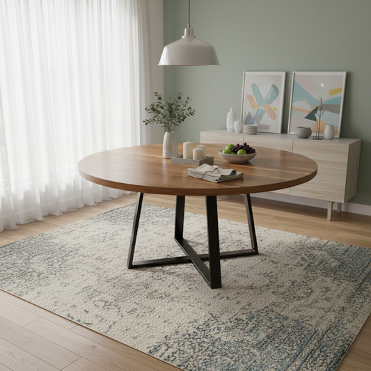 Mesa de comedor dentro de una área de comedor, viendo su funcionamiento.