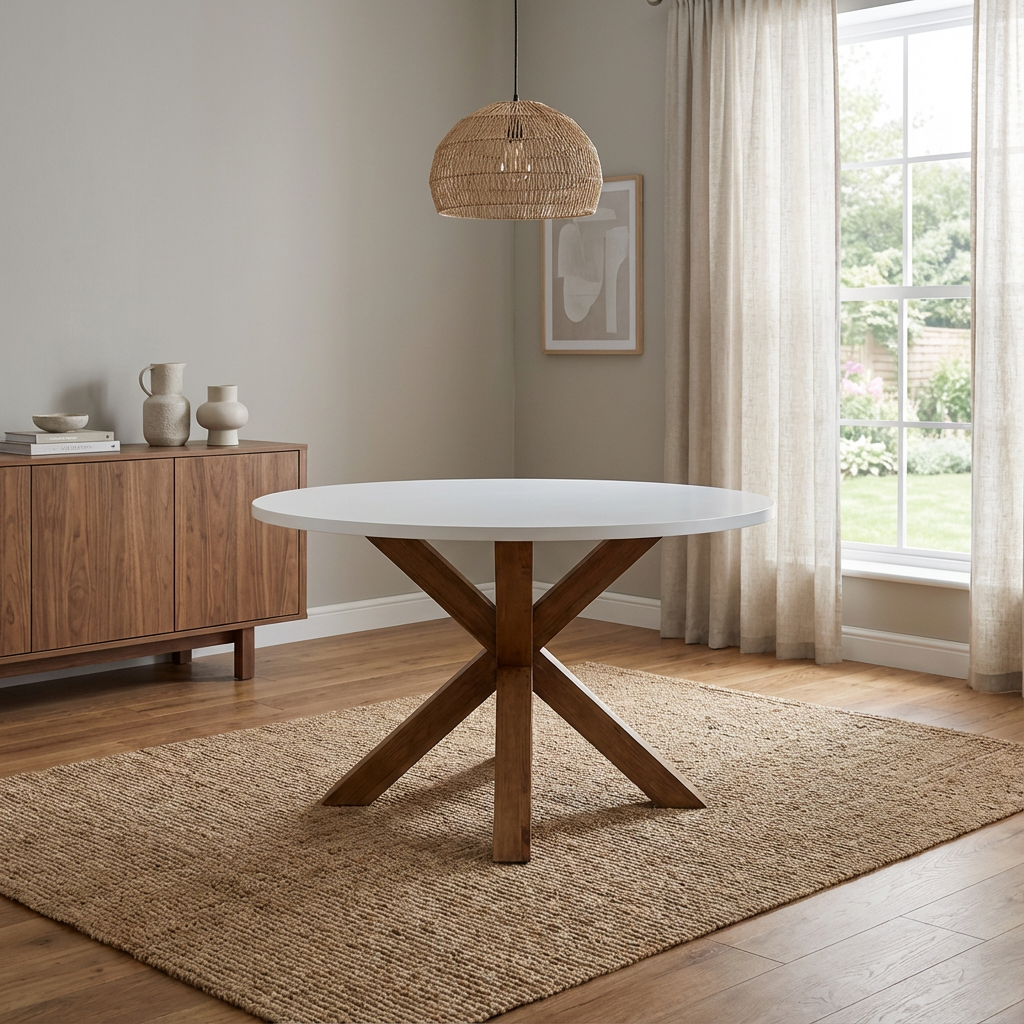 Comedor San Galo de triplay de madera de pino chileno, cubierta laqueada blanco, patas barniz, ideal para espacios pequeños y darle estilo a tu hogar.