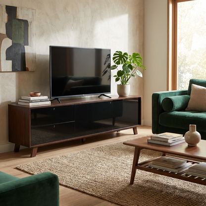 Mueble para TV en una sala, mostrando el funcionamiento del mueble con una televisión y accesorios.