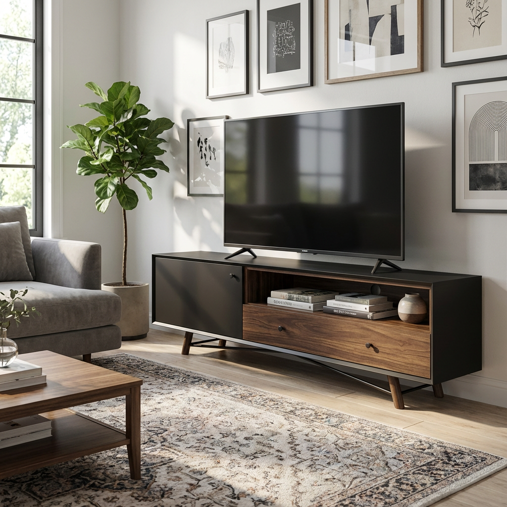 Mueble para TV, viendo el funcionamiento del mueble, con una televisión encima y el compartimiento libre con accesrorios. 