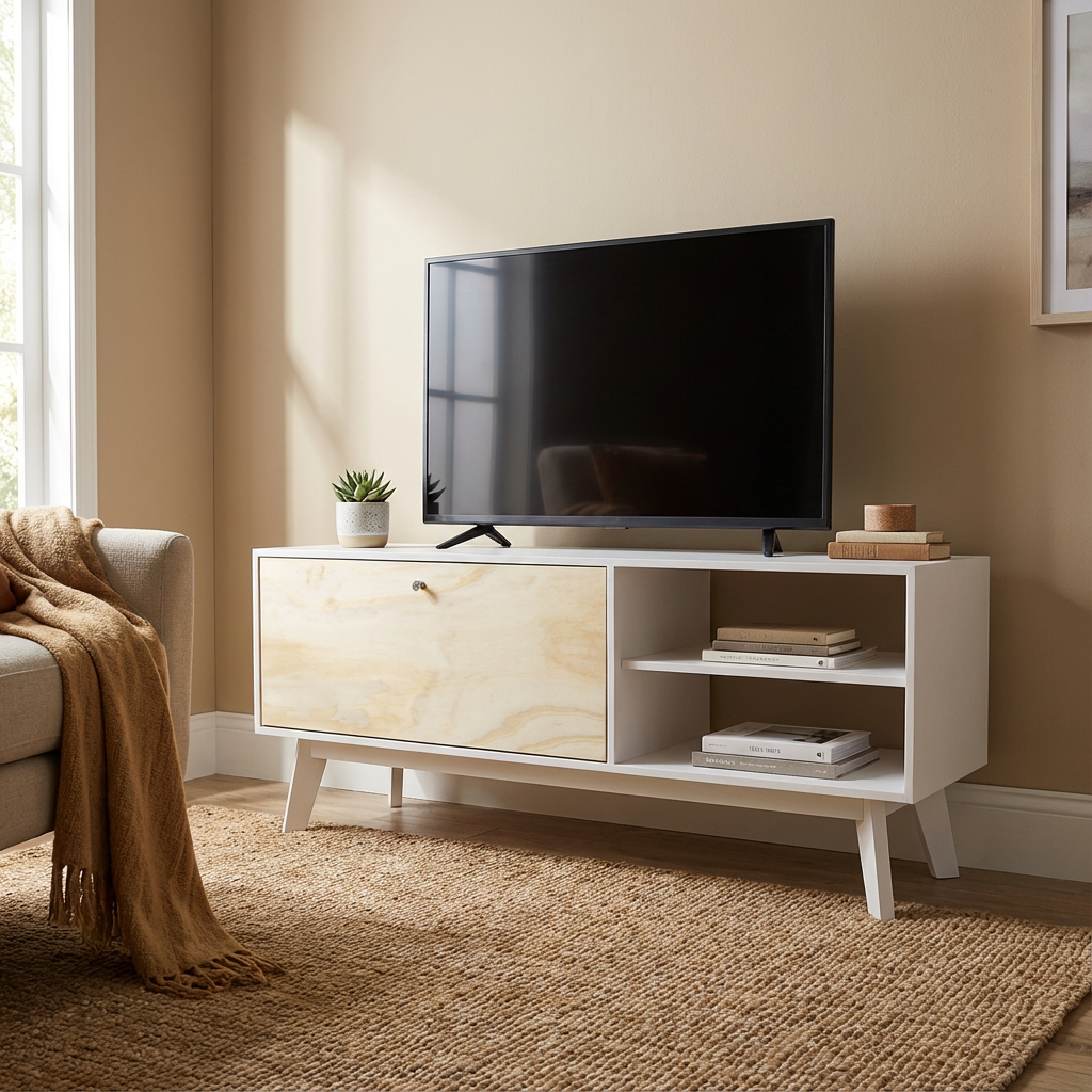Mueble para TV dentro de una sala, con accesorios para ver su funcionamiento del mueble.