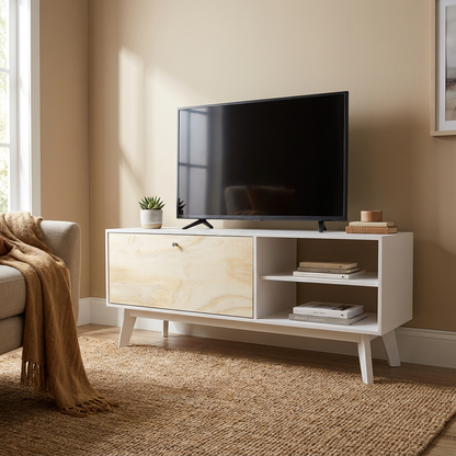 Mueble para TV dentro de una sala, con accesorios para ver su funcionamiento del mueble.