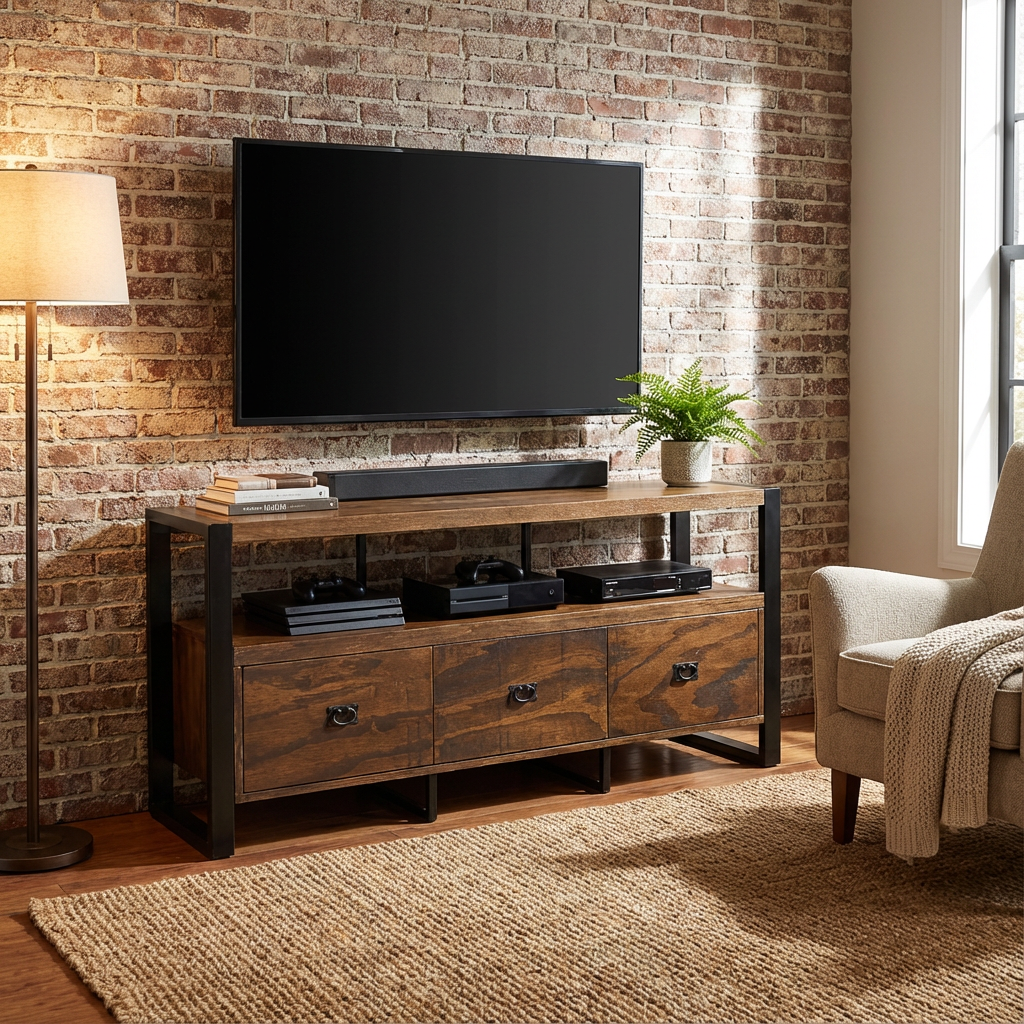 Mueble para TV codentro de una sala, con accesorios para ver su funcionamiento. 