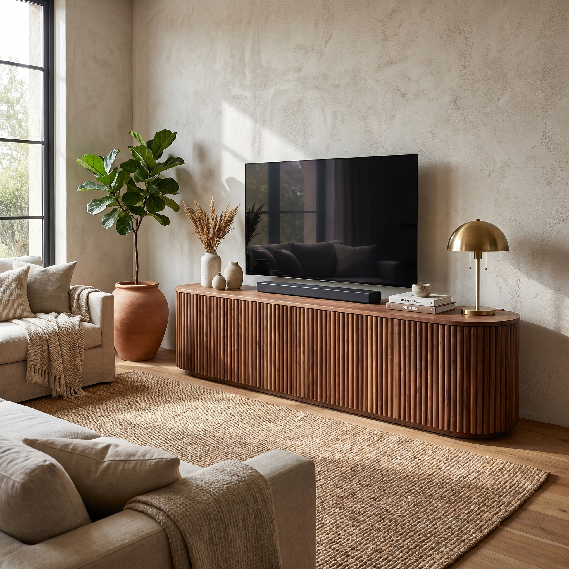 Mueble de tv Verina en un ambiente, mostrando el funconamiento del mueble.