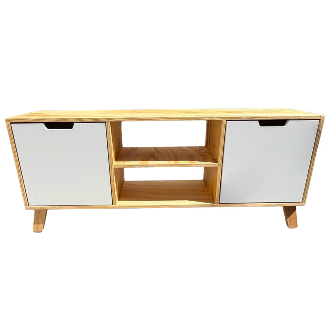 Mueble de TV con dos repisas y dos cajones amplios.