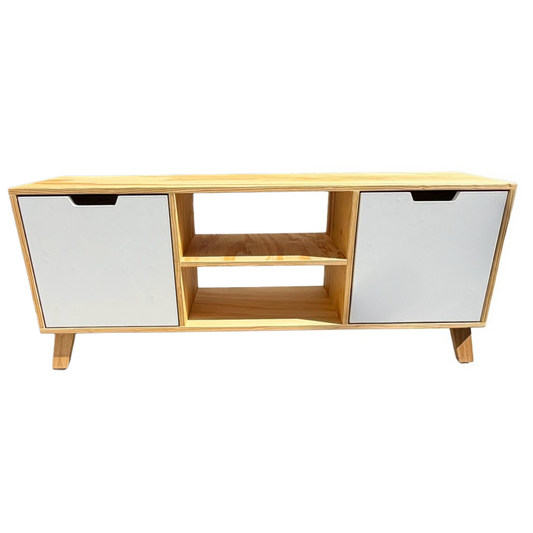 Mueble de TV con dos repisas y dos cajones amplios.