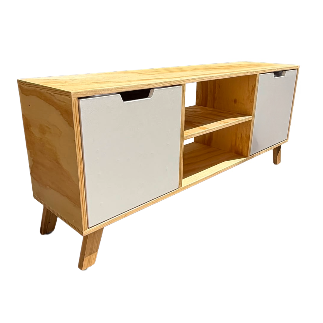 Mueble de TV con vista laeral viendo a más detalle el diseño y acabado del mueble.