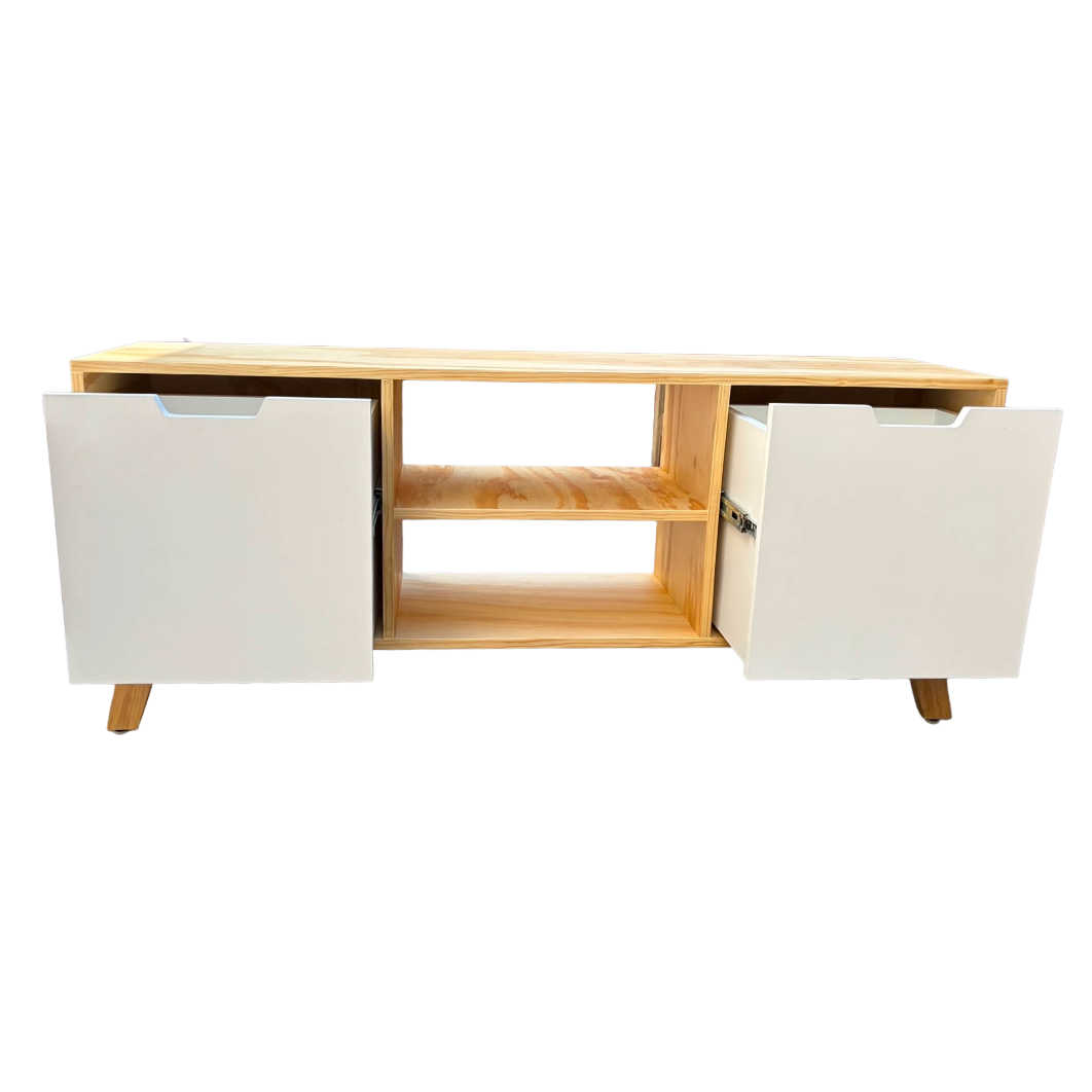 Mueble de TV con vista frontal, mostrando a los cajones abiertos.