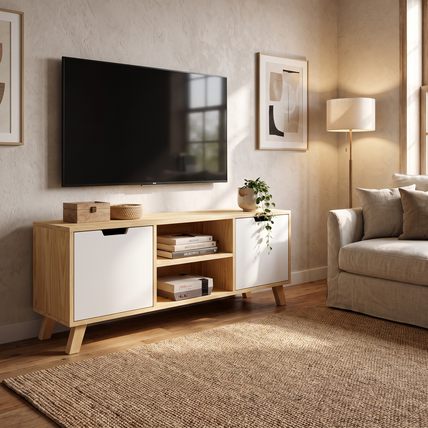 Mueble de TV en una sala, mostrando su funcionamiento.