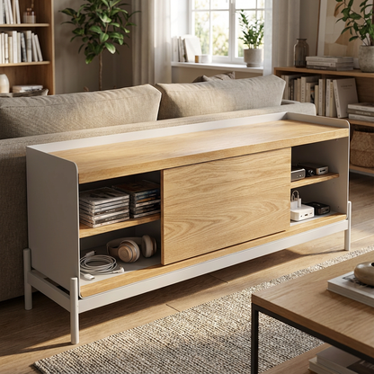 Mueble de Tv Minsk ideal para salas, recámaras u oficinas, cuenta con dos compartimientos para organizar cosas, y una puerta corrediza. Fabricado en madera con acabado natural. 