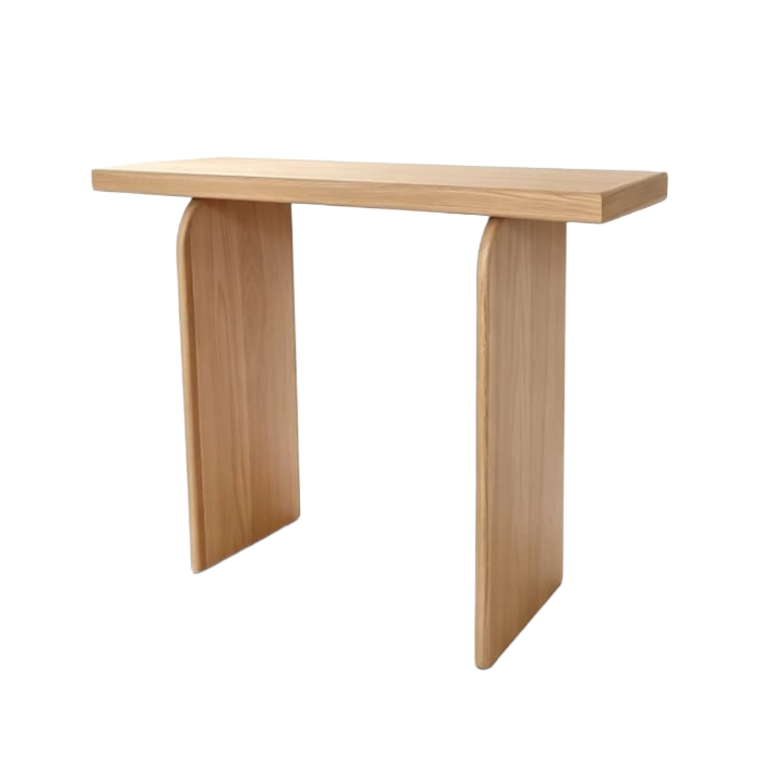 Mesa recibidor con base semi curva y mesa rectangular.