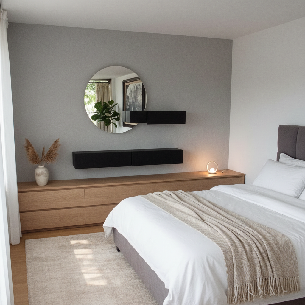 Espejo redondo con repisas flotantes con vista lateral a una cama.