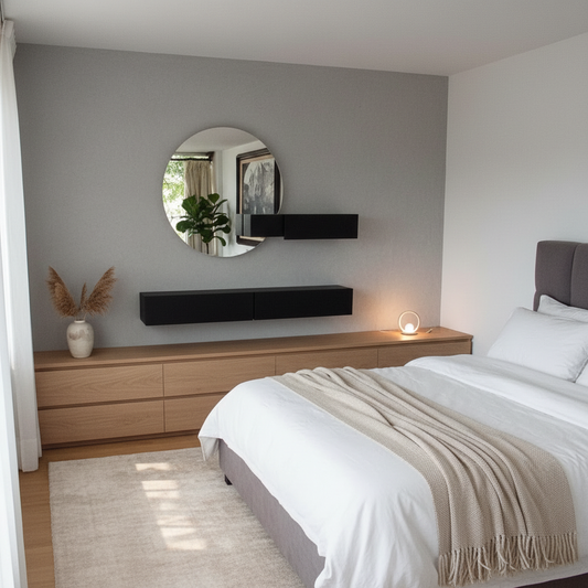 Espejo redondo con repisas flotantes con vista lateral a una cama.