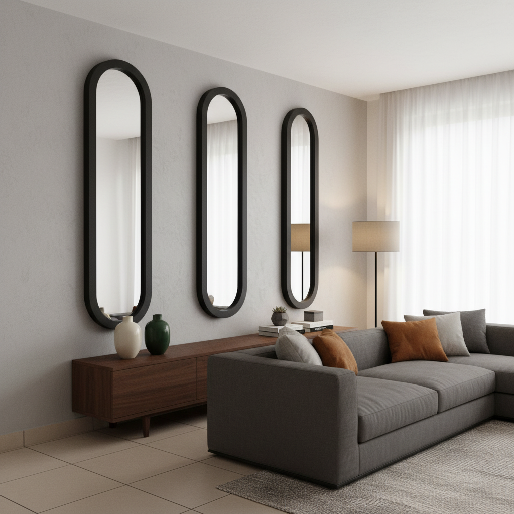 Juego de tres espejos con forma ovalada frente a una sala.