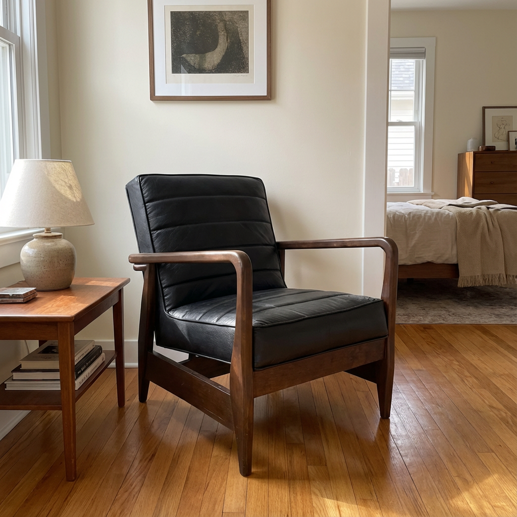 Sillón Dover, con asiento y respaldo acolchonados, con base de madera natural, que aporta elegancia y comodidad.