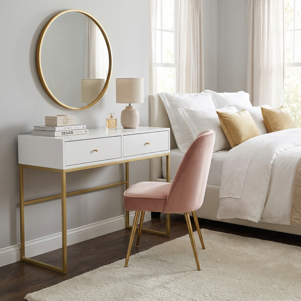 Tocador Vanity Versalles, colocado dentro de una recámara, dando estilo junto a un espejo y silla.