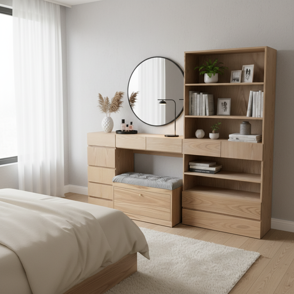 Tocador con banco integrado dentro de una recámara viendo su funcionamiento.