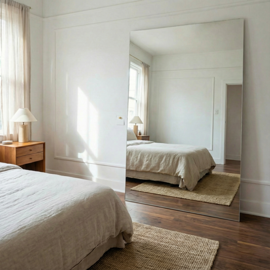 Espejo sin marco, espejo gigante, espejo de pie junto a una cama con luz natural.