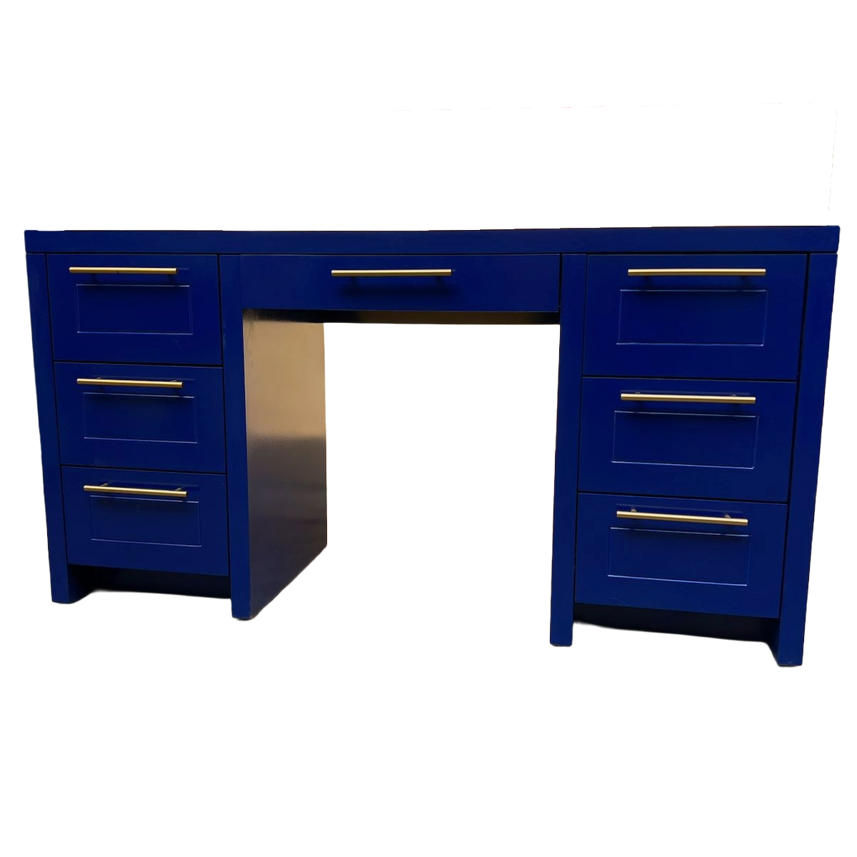 Tocador azul con vista frontal mostrando el tamaño del mueble.