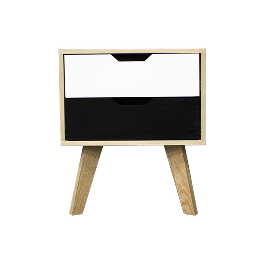 Buró Teodoro Black and White, vista frontal del buró con dos cajones en color blanco y negro, estilo sencillo.