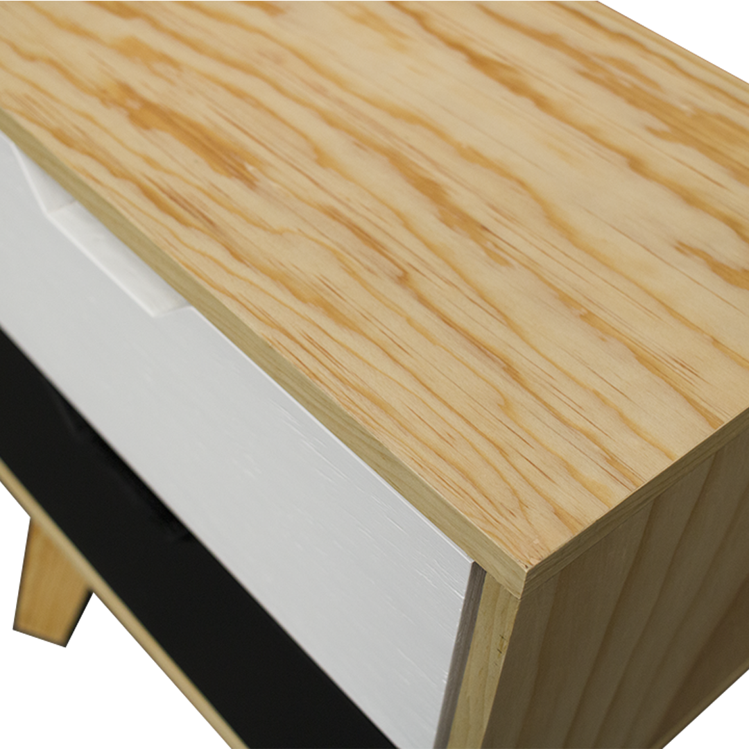 Buró Teodoro Black and White, vista superior del buró con dos cajones en color blanco y negro y la base en color natural.