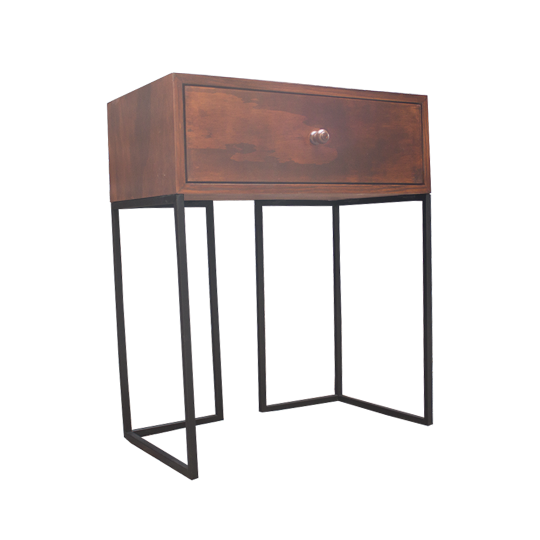 Buró Mathew, lateral del mueble con cajón tradicional y estilo minimalista. Buró estilo industrial