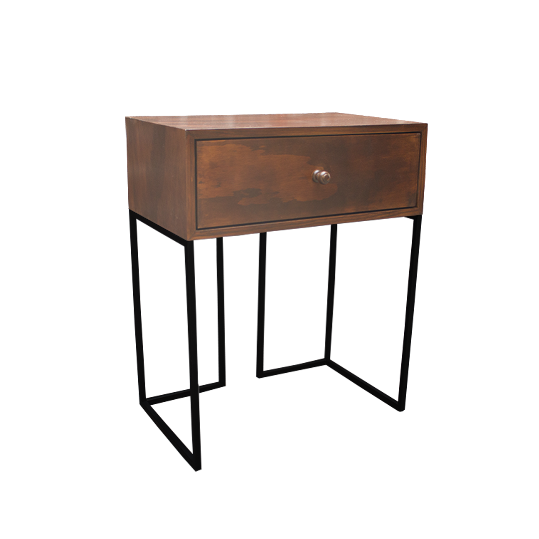Buró Mathew, mueble minimalista en color café y negro con cajón tradicional. Buró estilo industrial