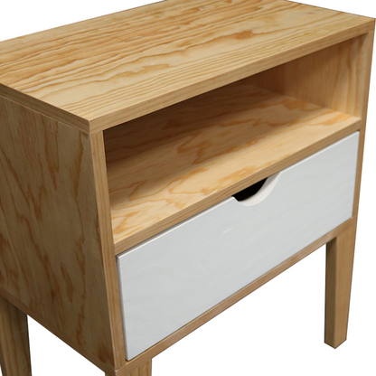 Buró Salamanca, vista superior de la repisa y cajón en color blanco y natural. Buró estilo nórdico.