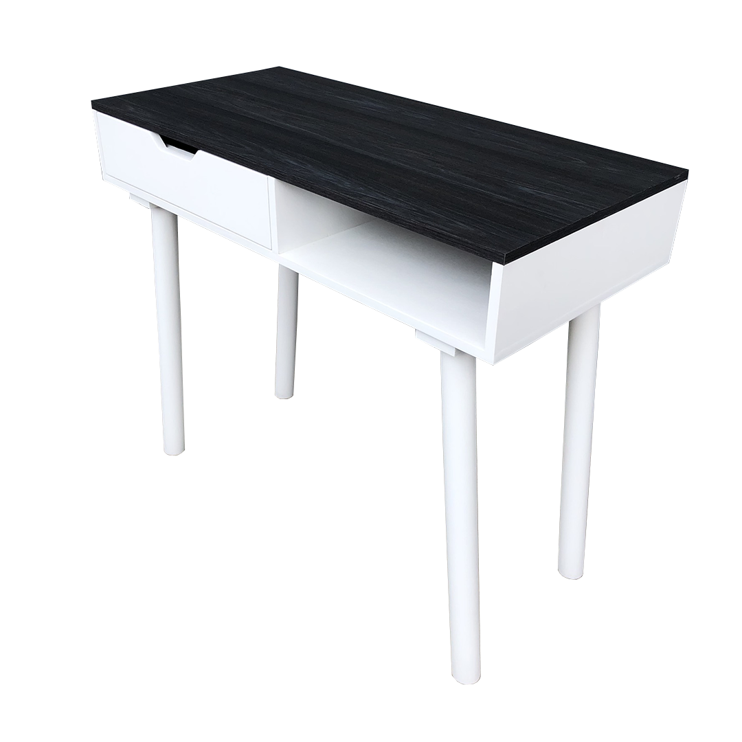 Escritorio Pisa, mueble sencillo con un cajón en color blanco y base superior en negro.