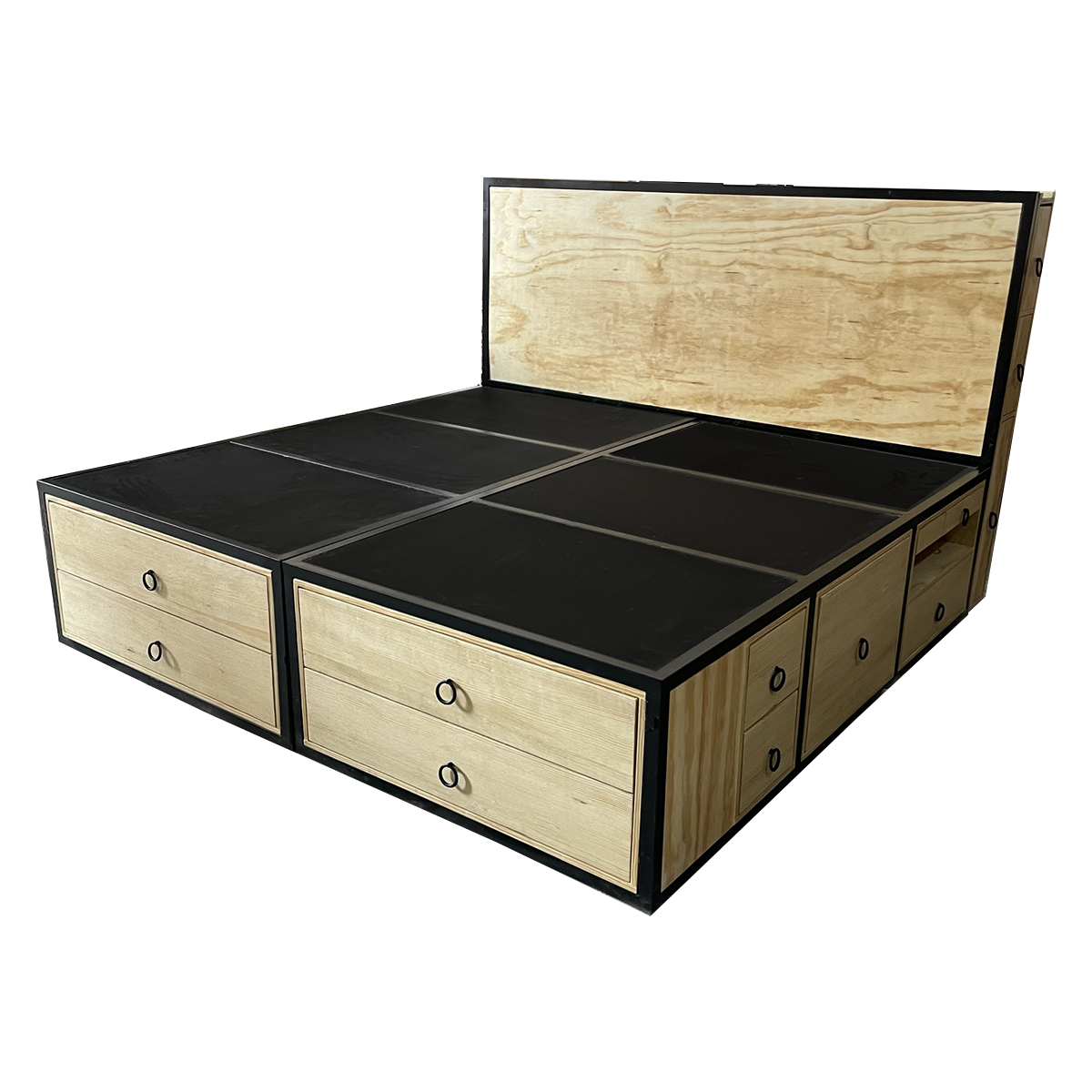 Recámara Oslo Industrial, base de cama con cabecera y burós integrados en un tono negro y acabados en natural.