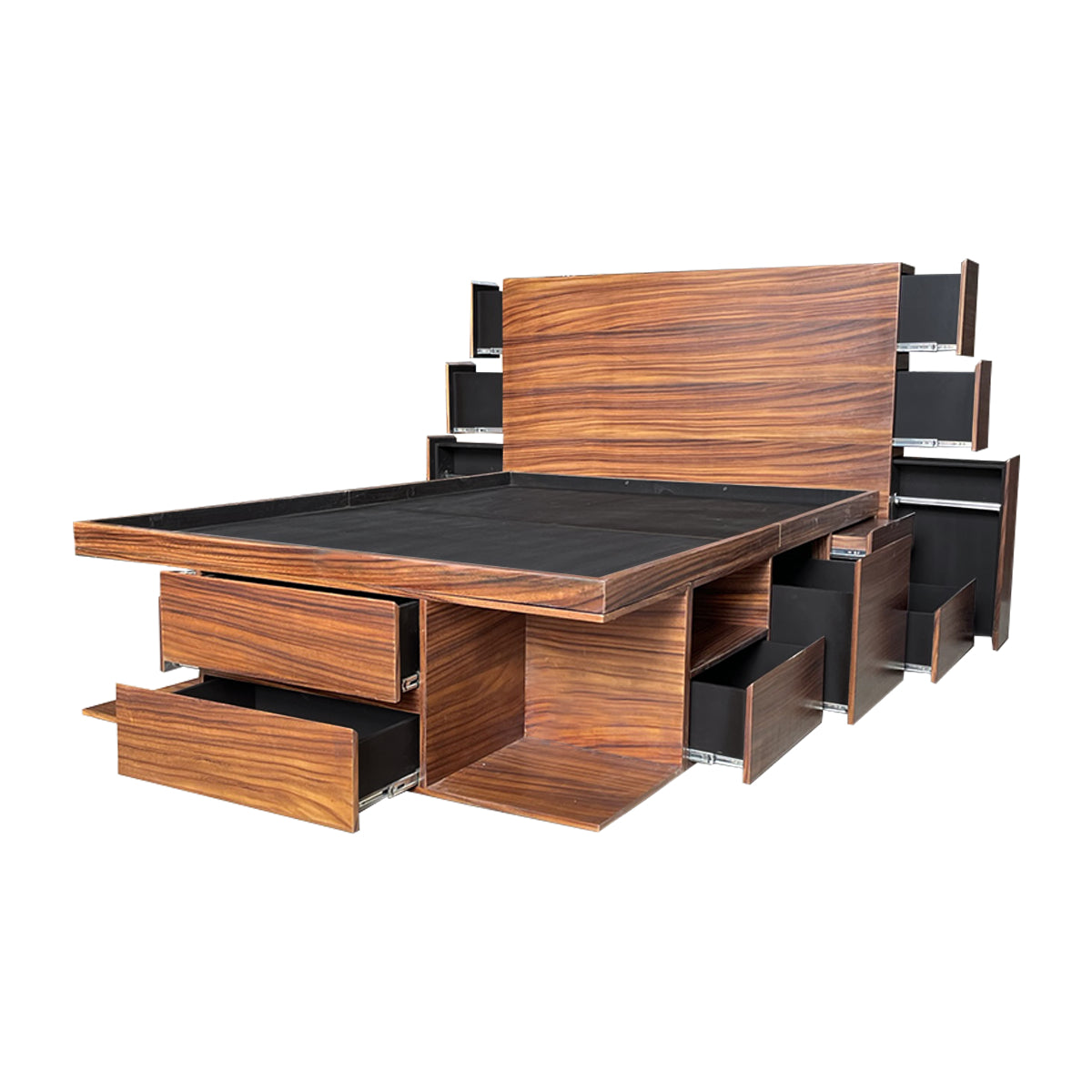 Recámara Oslo Parota, vista de los burós abiertos que están integrados en la base de cama y cabecera.