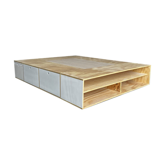 Recámara Blois, base para cama de madera con detalles blancos en la parte de los burós.