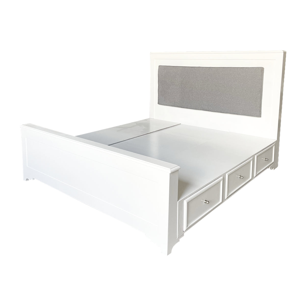 Base de cama, color blanco, material MDF, vista lateral mostrando los cajones incluidos. 