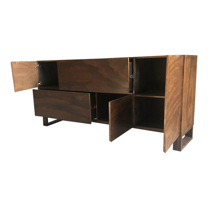 Bufetera de madera, mostrando los cajones y el compartimiento de puerta abiertos.