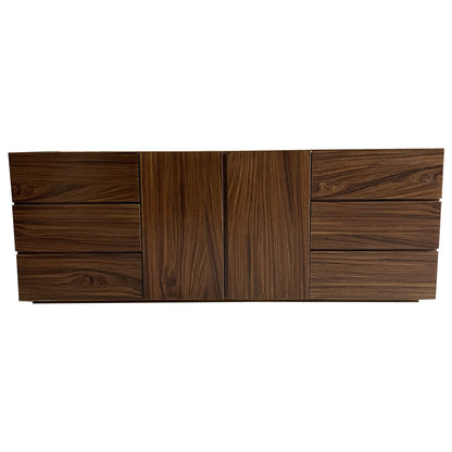 Bufetero de madera, vista frontal, acabado en parota, chapa de parota.