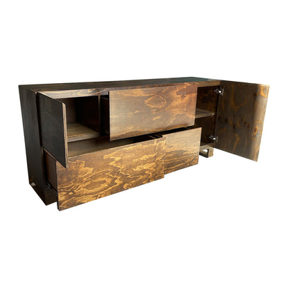 Bufetera de madera, con cajones y puerta abiertos 