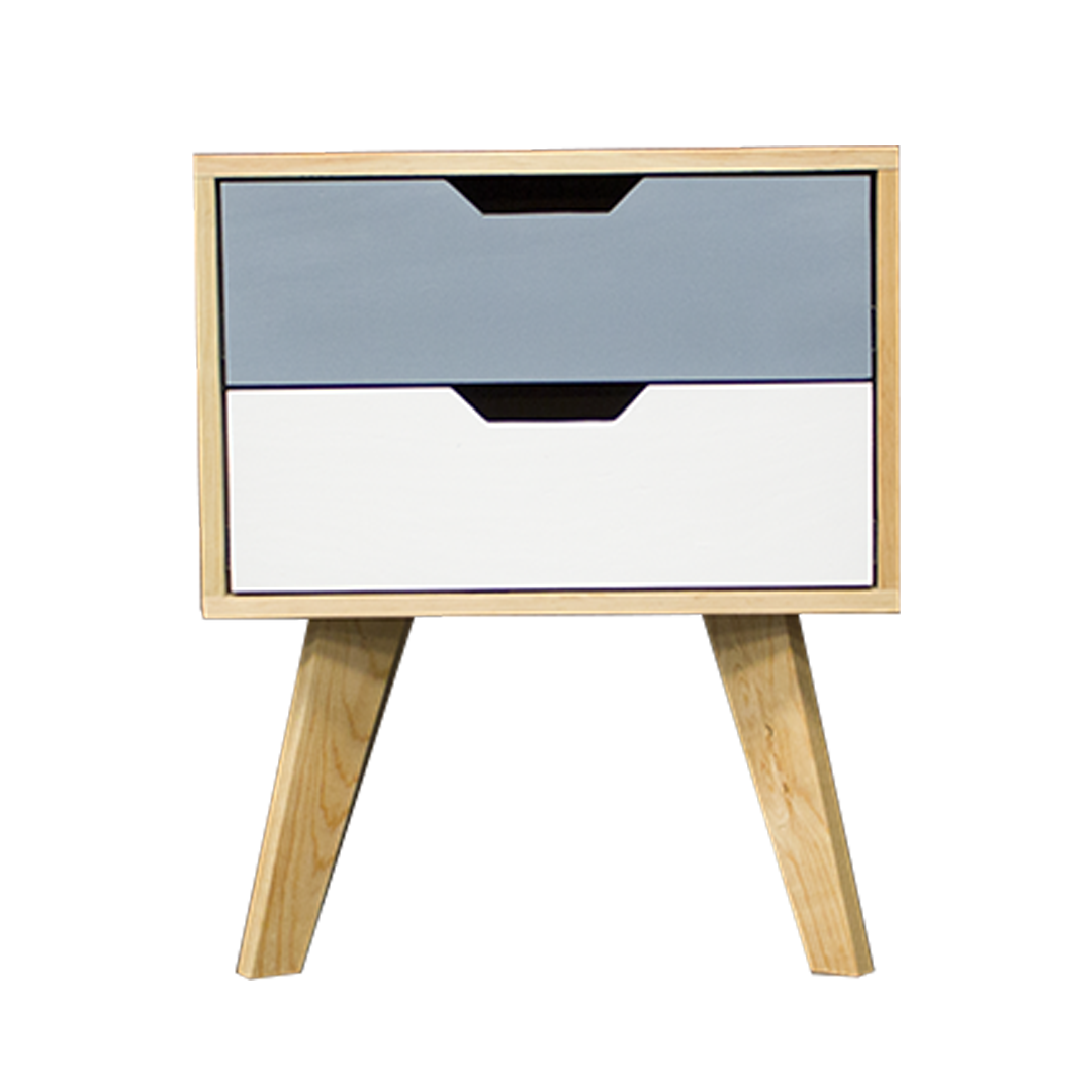 Buró Teodoro Grey, vista frontal del buró con dos cajones en color gris y blanco en un estilo práctico.