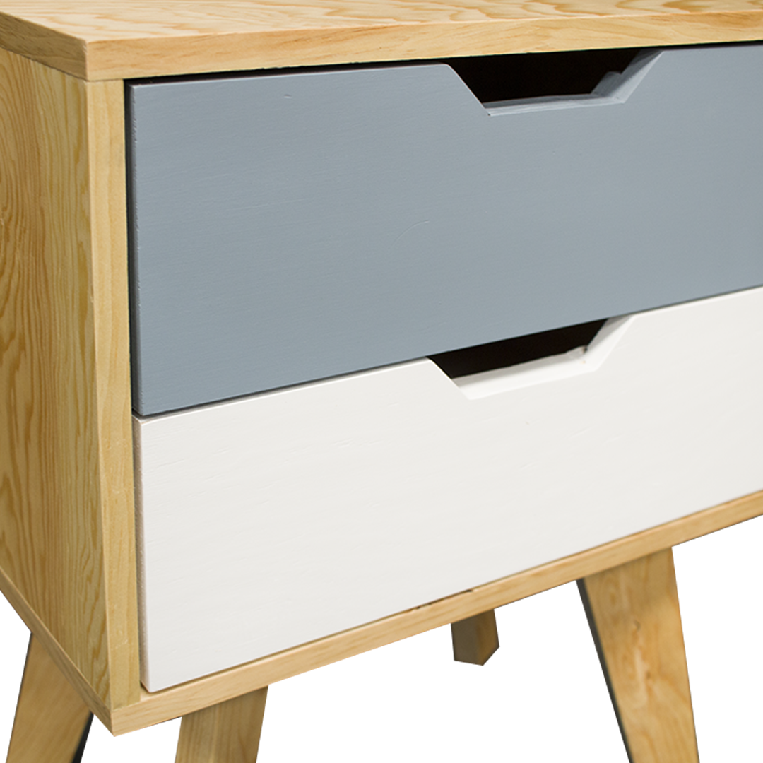 Buró Teodoro Grey, vista a detalle de cajones en color blanco y gris.