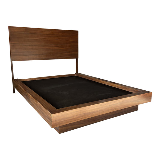 Recámara Trento, base de cama con cabecera integrada en color café oscuro y acabados de madera.