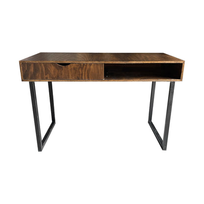 Escritorio Hannover, mueble de oficina con compartimiento lateral y cajón integrados en café barnizado.