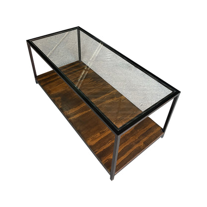 Mesa de centro, vista superior mostrando la cubierta de cristal y la parte inferior.