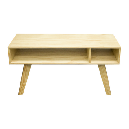 Mesa de centro vista frontal, mostrando el acabado y detalles de la madera natural.