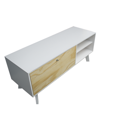 Mueble para TV vista lateral superior, mostrando los acabados en la madera.