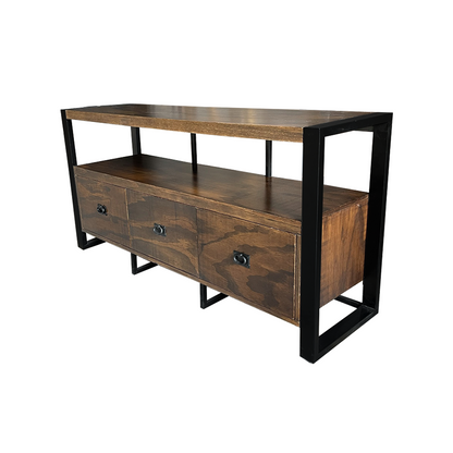 Mueble para TV con tres cajones y un compartimiento libre, de triplay y herrería.