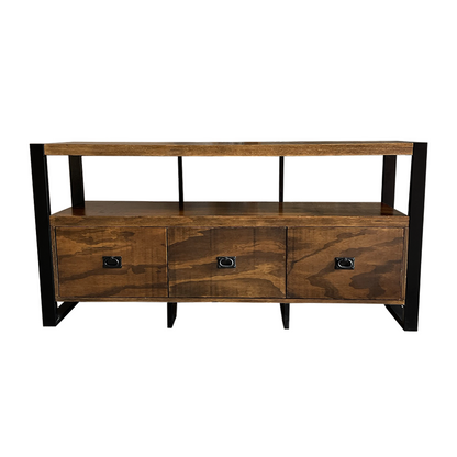 Mueble para TV, vista frotal mostrando los detalles de los cajones y el compartimiento libre.